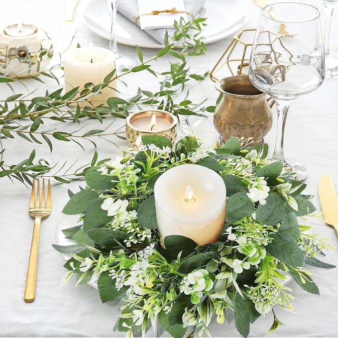 8 Pack Eucalyptus Candle Rings, Artificial Greenery Candle Wreath, Floral Candle Rings for Pillar Candles, Table Centerpieces for Party Event, 9.84 Inch Small Greenery Rings for Wedding, Home