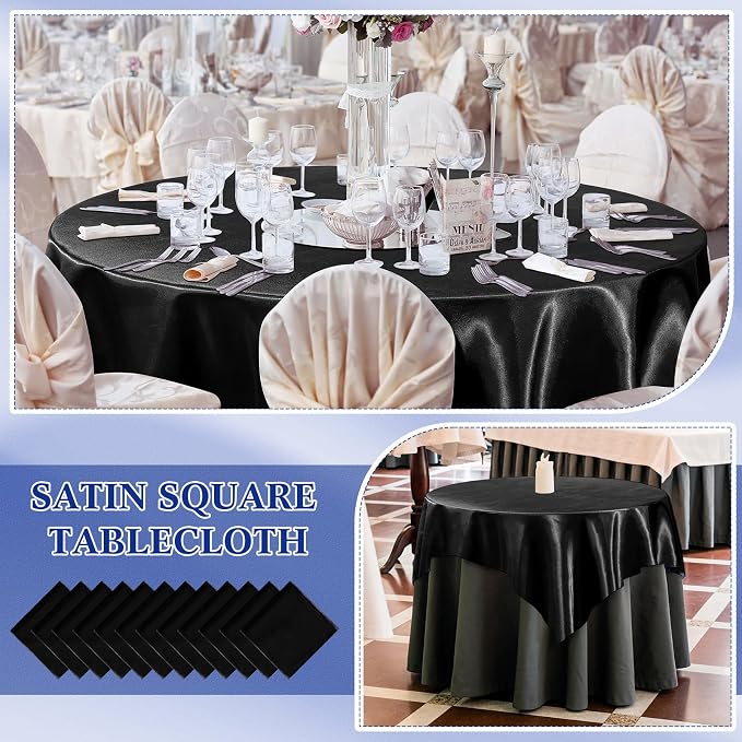 Newwiee 12 Pcs 72 Inch Satin Tablecloth Square Overlay Smooth Fabric Tablecloth Satin Table Cover Fabric Decoration Dining Cloths for Party Wedding Banquet Table Decoration(Black)