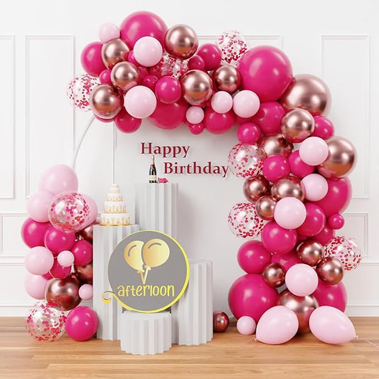 AFTERLOON® Biodegradable Balloons 146pcs Hot Pink Metallic Confetti Different Sizes 18" 12" 10" 5" Balloon Garland Arch Kit perfect for Birthday Party Decorations, Baby Shower, Wedding and Anniversary