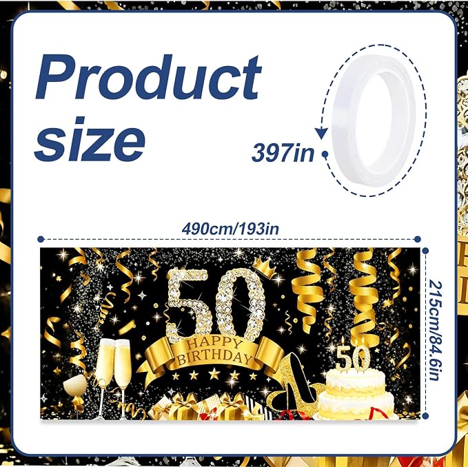 50th Birthday Garage Door Banner Cover 7x16ft Waterproof -Gold Glitter Diamond Backdrop, Luxury Milestone Party Decor for Adults, Anniversary Photo Booth Background