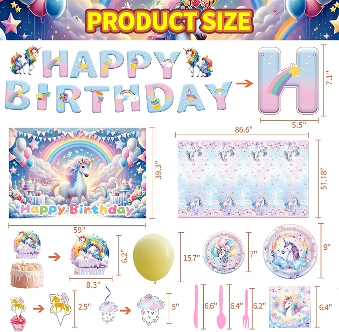 220Pcs Unicorn Party Birthday Supplies - Unicorn Party Decorations Included Backdrop, Banner, Tablecloth, Hanging Swirls, Cupcake Toppers, Tableware, Paper Towel, Latex Balloons