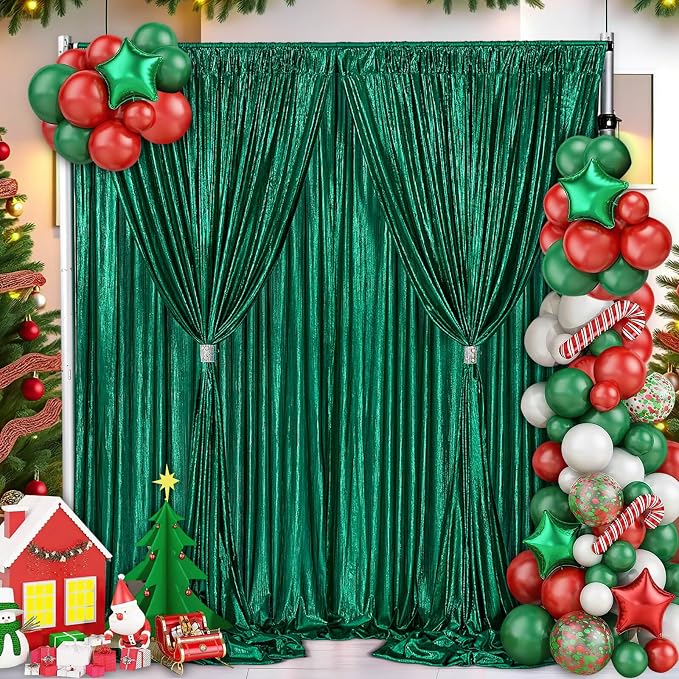 Green Sequin Backdrop Curtains 9.6x10ft - Photography Backdrops with Non-Shedding Glitter Wrinkle-Free Stage Drapes for Wedding Christmas Studio Shoots (4.8x10ft 2 Panels)