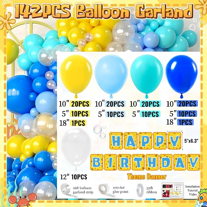 Sponge Birthday Decorations Kit - 153Pcs Under the Sea Party Supplies with Balloon Arch, Backdrop & Video Guide - All-in-One Vibrant Decor for Kids & Teens Birthday, Easy No-Stress Setup