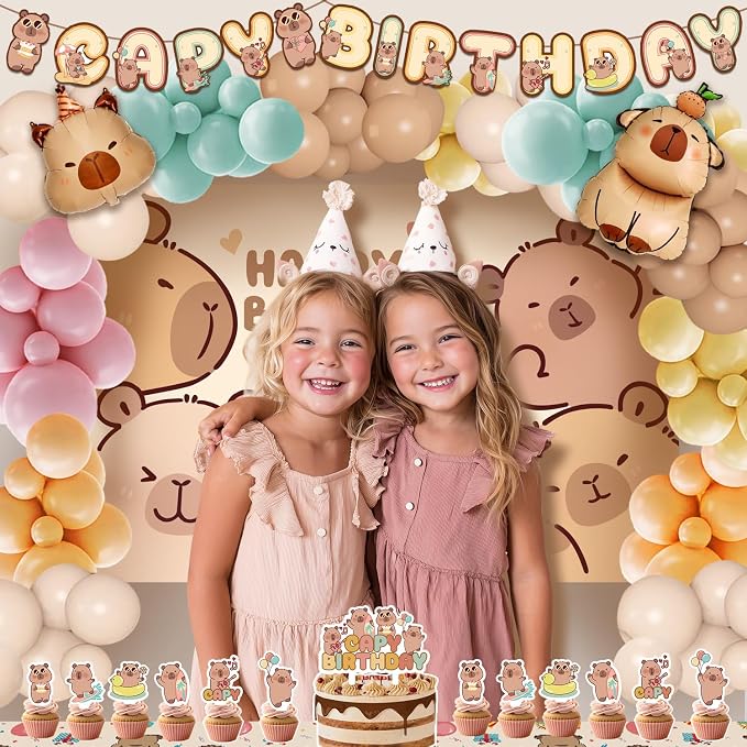 Capybara Birthday Party Decorations - 99pcs Balloons Garland Kit, Capybara Backdrop, Capy Birthday Banner, Tablecloth, Foil Balloons, Capybara Cake and Cupcake Toppers