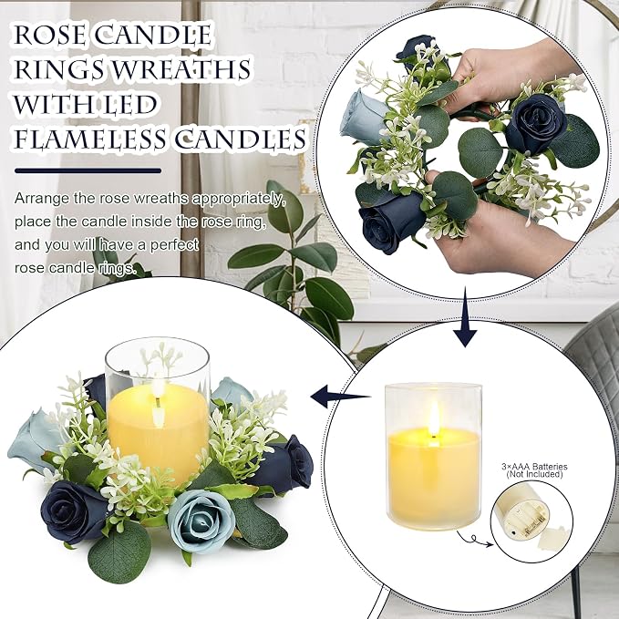 4 PCS Candle Rings Wreaths 3 Inch Center - Artificial Roses Candle Rings with LED Candles for Wedding Centerpiece Table Home Party Decor, Navy Blue, 2 Sets
