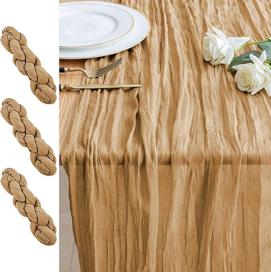 3PCS Table Runner Cheesecloth 10FT Khaki Boho Gauze Cheese Cloth Rustic Sheer Table Runners for Wedding Bridal Baby Shower Party Decoration