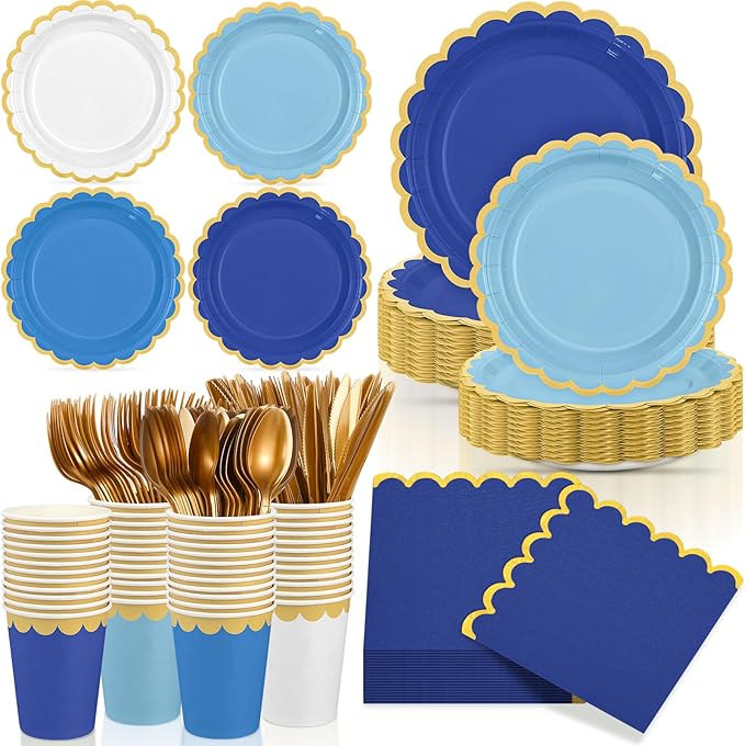Mimorou 169 Pcs Royal Blue and Gold Party Supplies for 24 Guests, Gradient Blue Scalloped Paper Plates Napkins Cups Gold Cutlery for Ocean Sea Graduation Baby Shower Birthday Wedding Party Decorations