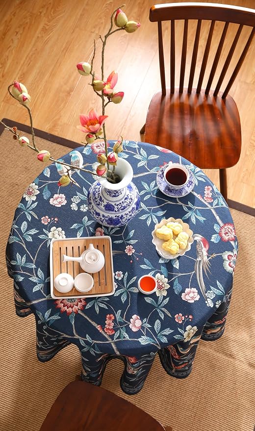patdrea Elegant Vintage Linen Tablecloth,Round,Diameter 67"-Lanruoting | Chinoiserie Table Cloth for Round Table,Blue Oriental Bird Floral Print,Dining Tea Party Thanksgiving Coffe Table Decor