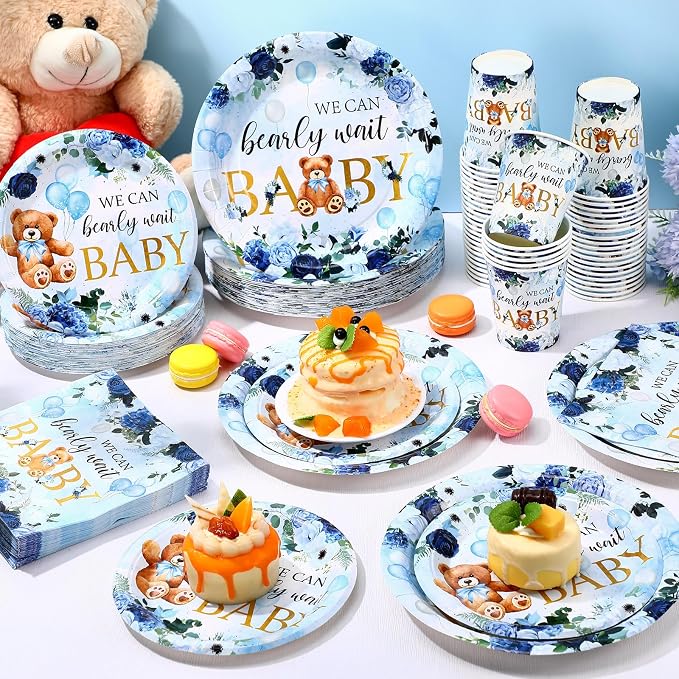 Funnymoom 250 Pcs We Can Bearly Wait Baby Shower Party Decorations Blue Paper Plates Napkins and Cups Bear Boy Party Tableware Set for Spring Baby Shower Gender Reveal Supplies, Serves 50