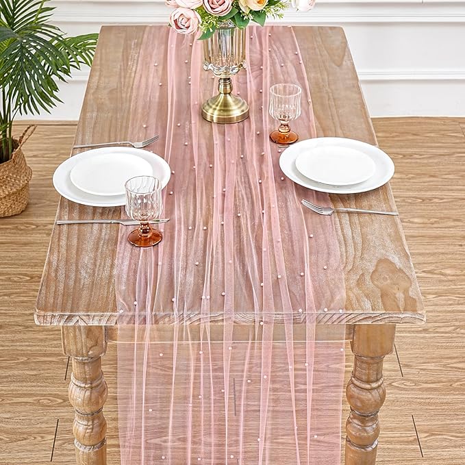 LuoluoHouse Pearl Table Runner Wedding Decor: 10ft Pearl Table Cloth 29x120 Inch Tulle Chiffon Fabric for Decortions Birthday Party Dining Table Cover (Dusty Pink,3pcs)