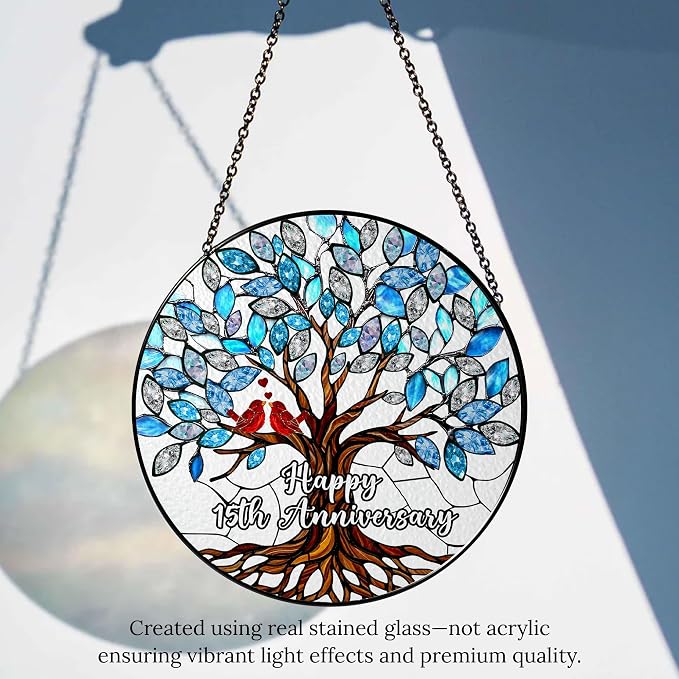 15th Wedding Anniversary Stained Glass Suncatcher, 6x6' Anniversary Decorations, 15th Celebration Marriage Gifts for Parents, Couple, Wife & Husband, 15 Wedding Milestone Keepsake