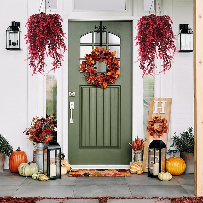 RECUTMS 3Pcs Artificial Fall Hanging Money Plants 31.5" for Indoor Outdoor | UV Resistant,Wine Red Hanging Artificial Plants,Fall Fake Vine for Autumn Home Garden Patio Front Porch Wedding Party Decor