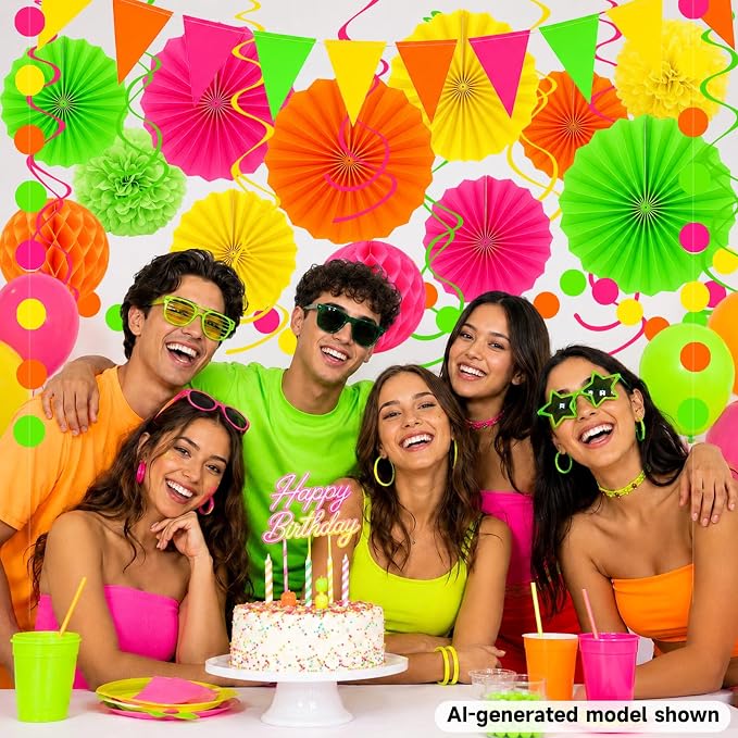 24 Pcs Neon Party Decorations Glow in the Dark Party Supplies | UV reactive fluorescent paper in pink, orange, yellow and green; paper fans, pom poms, honeycomb balls, banner and garland