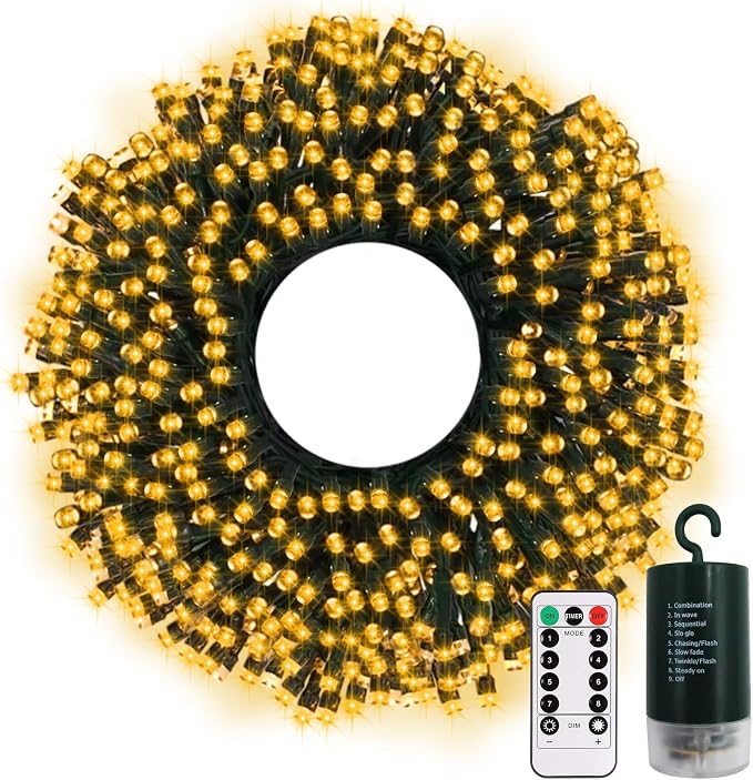 200LED 66ft Christmas String Lights Battery Wreath Lights for Classroom | Green Wire, Timer, 8 Lighting Modes,Waterproof,Fairy Lights for Bedroom Christmas Decor, Warm White