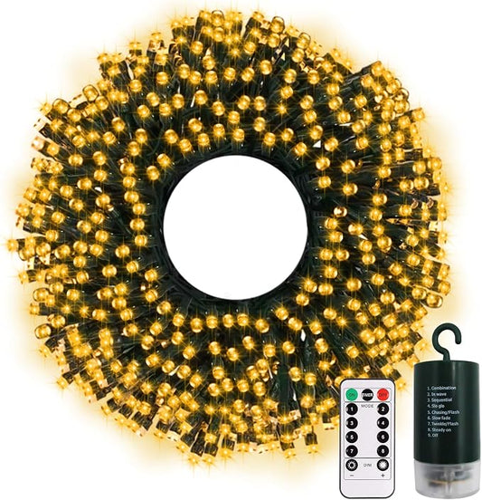 200LED 66ft Christmas String Lights Battery Wreath Lights for Classroom | Green Wire, Timer, 8 Lighting Modes,Waterproof,Fairy Lights for Bedroom Christmas Decor, Warm White