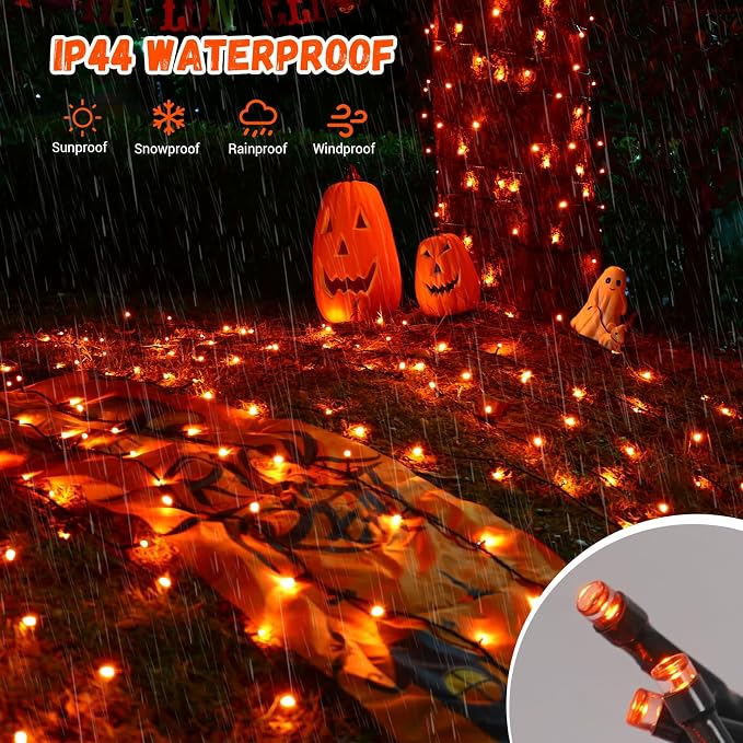 QITONG Solar Halloween String Lights, 2 Pack Each 33ft 100 LED Orange Fairy Lights Outdoor Waterproof, Green Wire Twinkle Light with 8 Modes for Outside Halloween Party Decor
