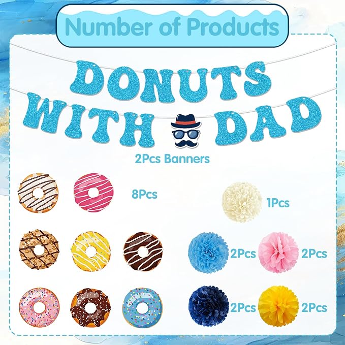 Fathers Day Party Decorations - 19PCS Donuts with Dad Banners Hanging Swirls Paper Pompoms Party Decor, Happy Father's Day Donut Themed Holiday Supplies
