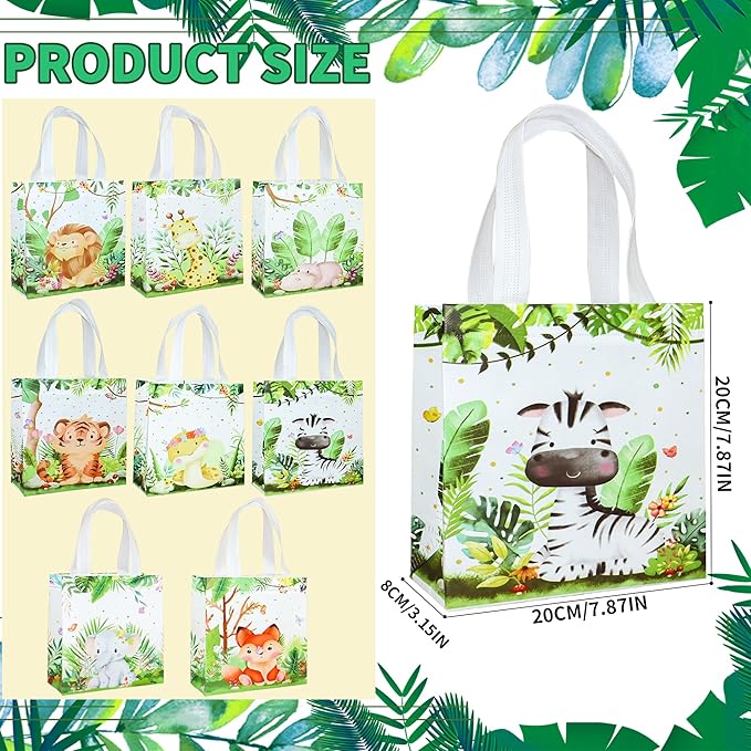 W WINTMING 24 Pcs Safari Party Favor Bags Jungle Animal Gift Bags Reusable Non Woven Safari Goodie Treat Candy Bags with Handles for Kids Birthday Party Baby Shower Decoration Supplies