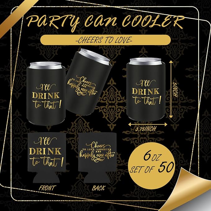 SiliFine 101 Pcs Black Wedding Can Cooler Bulk Engagement Party Favors for 100 Guests Cheers to Love Laughter, and I'll Drink Can Cooler with Wooden Wedding Table Sign Bridal Shower Favor