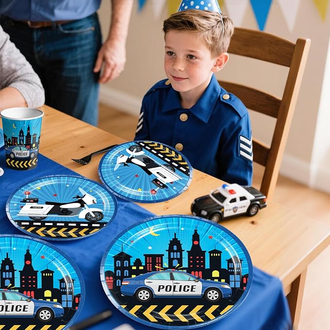 189pcs Police Birthday Party Decorations Tableware Complete Set, Serves 25 Guests, Police Party Decorations Kit with Banner Plates, Napkins, Balloons, Tablecloths, for Police-Theme Birthday