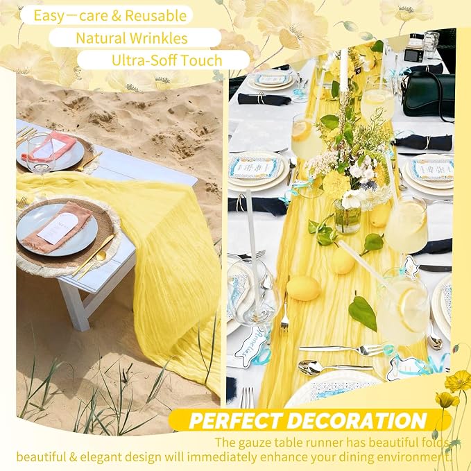 18 Pack Light Yellow Cheesecloth Table Runner 17 x 108 inch Boho Gauze Table Runner Rustic Sheer Cheese Cloth Table Decorations for Wedding Party Baby Bridal Shower Birthday Holiday Home