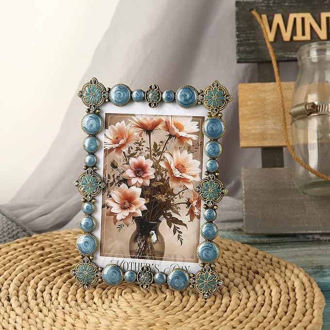 4x6 Vintage Picture Frame Decor Ornate Antique Blue Photo Frames with Glass Front, Art Decor Tabletop Display, Gifts Ideas for Women, Horizontally & Vertically