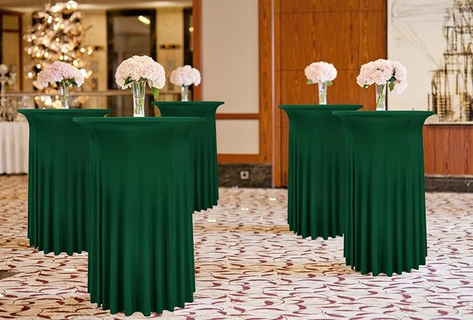 6 Packs Round Cocktail Table Skirt 32"x 43" Spandex Stretch Cocktail Tablecloth with Wavy Drapes, Dark Green Spandex Fitted High Top Table Covers for Wedding Bar Party Birthday Banquet Table