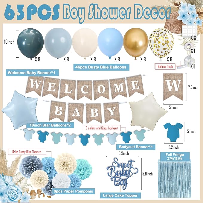 Dusty Blue Baby Shower Decorations, Boy Baby Shower Decor Set with Welcome Baby Banner, Paper Pom Poms, Sweet Baby-Boy Cake Topper, Fog Blue White Gold Balloons, Boho Baby Boy Shower Party Supplies