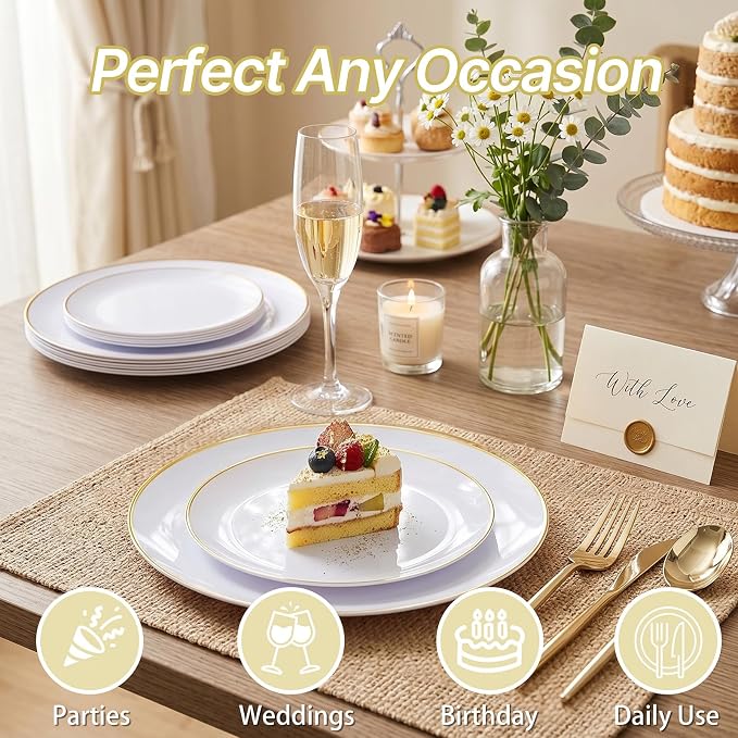 I00000 150PCS White and Gold Plastic Plates with Disposable Silverware for 30 Guests,Nice Disposable Plates,White Plastic Plates Set Include 30 Dinner Plate,30 Dessert Plate,90 Gold Cutlery for Party