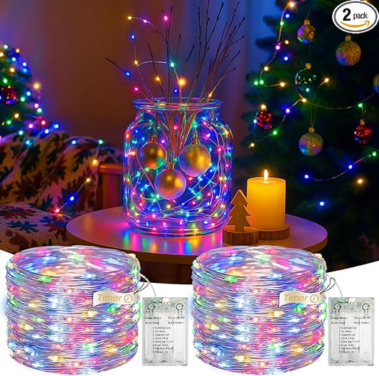 2 Pack 16FT 50 LED Fairy Lights Battery Operated with Timer, 8 Modes USB Mini Twinkle Light, Small String Lights for Tree Wreath Vase Bedroom Holiday Wedding Party Decorations-Multi-Colored