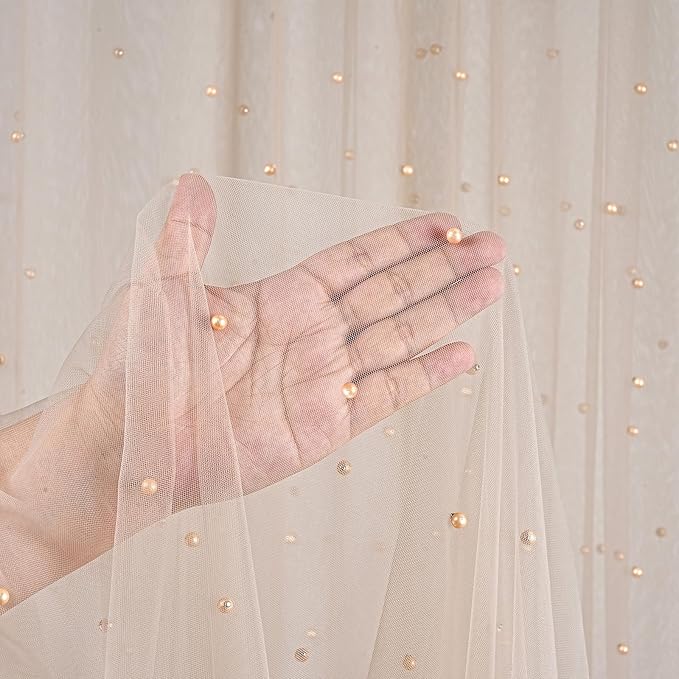 LuoluoHouse Pearl Table Runner Wedding Decor: 10ft Pearl Table Cloth 29x120 Inch Tulle Chiffon Fabric for Decortions Birthday Party Dining Table Cover (Tan,1pcs)