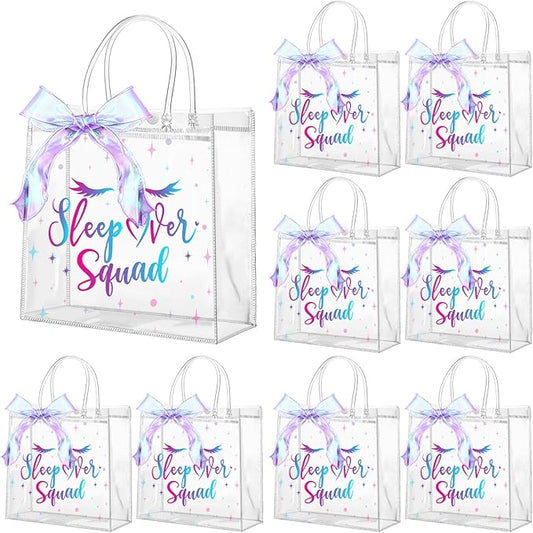 Wesnoy 24 Pcs Sleepover Clear PVC Gift Bags with Handle and Ribbon Sleepover Spa Party Favors Reusable Plastic Goodie Candy Treat Bags for Birthday Party Supplies Coquette Decorations
