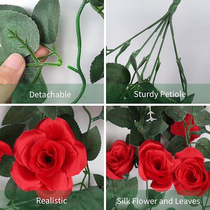 RECUTMS Artificial Red Roses Fake Hanging Flowers Plants, 4PCS 37 Inch Silk Floral Ivy Garland for Indoor Outdoors Home Garden Front Door Porch Wedding Derby Party Arch Valentines Greenery Decor