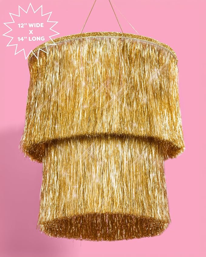 xo, Fetti Gold Fringe Tinsel Chandelier | 16" | Bachelorette Party Decorations, Birthday Photo Booth Supplies, New Years Eve Decor, HBD