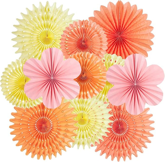 PAPER JAZZ Paper Flowers with Paper Fan Boho Hanging Decor Artificial Flowers Decorations for Wall Pink and Orange Party Decorations for Classroom, Beach Party, Summer Birthday Party Pack of 11.