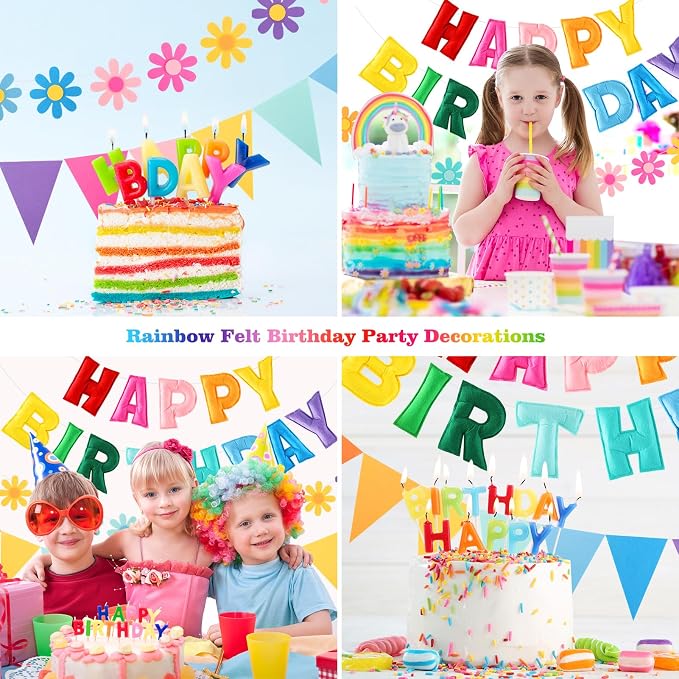 YEOCU Happy Birthday Decorations, No DIY, Pre-Strung 3D Banner | Rainbow, 3D felt banner, flower garland & flags. No DIY, reusable for kids & women.