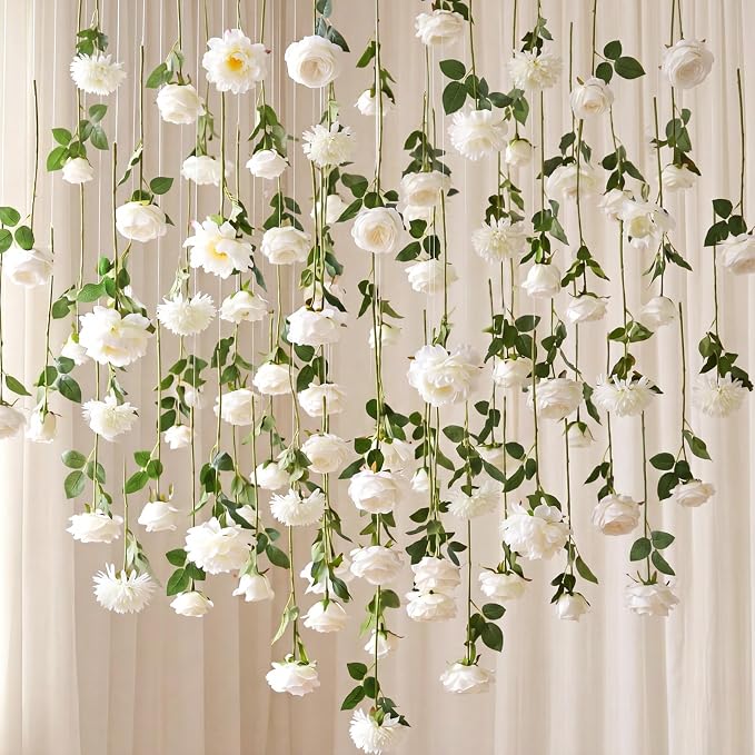 Lyrow 120 Pack White Artificial Flower Hanging Ornaments White Rose Floating Garland Floral Minimalist Boho Wedding Proposal Anniversary French Cream Farmhouse Ceiling Garland Table Decor DIY Craft