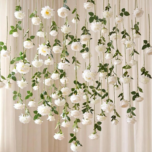 Lyrow 120 Pack White Artificial Flower Hanging Ornaments White Rose Floating Garland Floral Minimalist Boho Wedding Proposal Anniversary French Cream Farmhouse Ceiling Garland Table Decor DIY Craft
