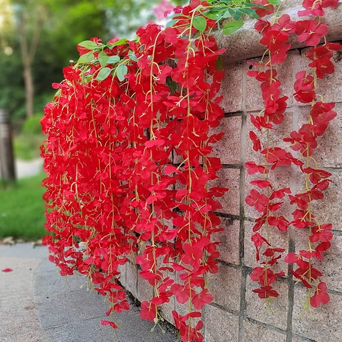 AITISOR 24 Pack Artificial Fake Wisteria Vine Ratta (3.75 Feet) Hanging Garland Silk Flowers String Home Party Wedding Decor (Red)