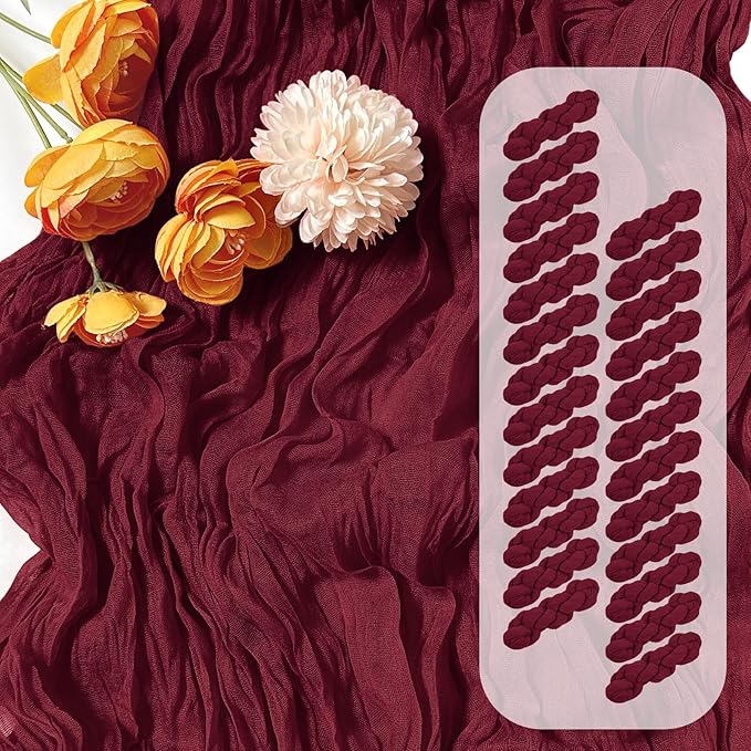 25 Pack Burgundy Red Cheesecloth Table Runner 17 x 108 Inch Gauze Table Runner Fabric Semi Sheer Cheese Cloth Table Decor Bulk for Rustic Romantic Wedding Baby Shower Table Decoration