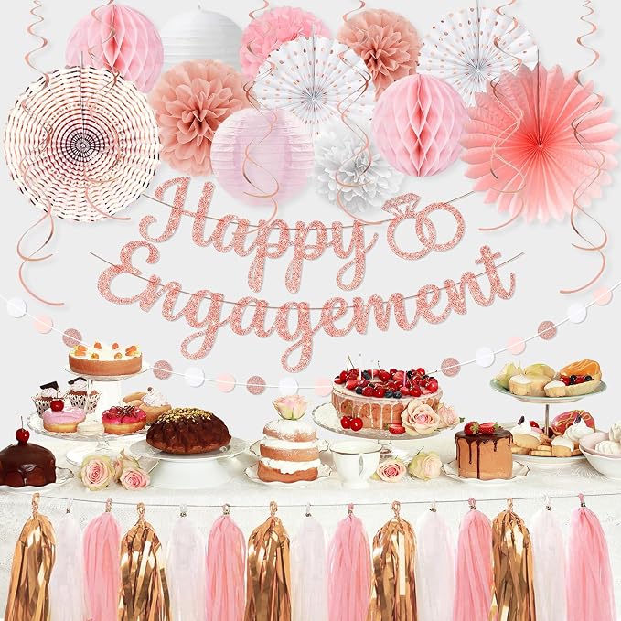 Roetyce Engagement Party Decorations, Rose Gold Glitter Happy Engagement Banner, Almost Married/Just Engaged Photo Background, Pink Congratulations Wedding Bachelorette Backdrop Decor