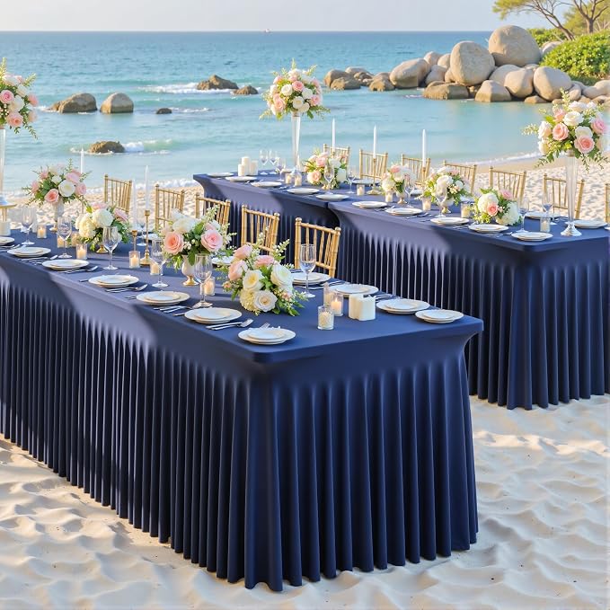 gogoparti 4 Pack Spandex Navy Blue Fitted Table Cloth for 6ft Rectangle Tables Navy Blue Stretch Tablecloth Banquet Table Covers Skirt Wrinkle Free Tablecloths for Parties Wedding