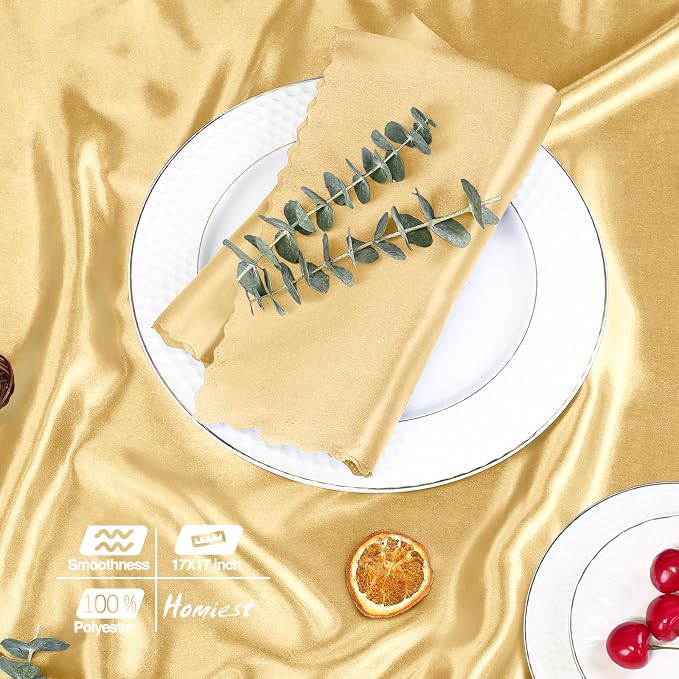 Homiest Gold Satin Napkins - 100 Pack (17x17 Inches), Scalloped Square - Silky & Elegant, Perfect for Wedding, Dinner & Party