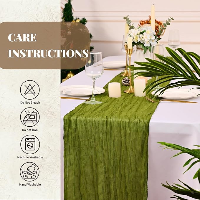 Pesonlook 24 Pack Cheesecloth Table Runner,Olive Green Table Runner Long Romantic Semi Sheer Rustic Boho Gauze Table Runners for Wedding Bridal Shower Birthday Party Decorations(17.7×108 Inch)