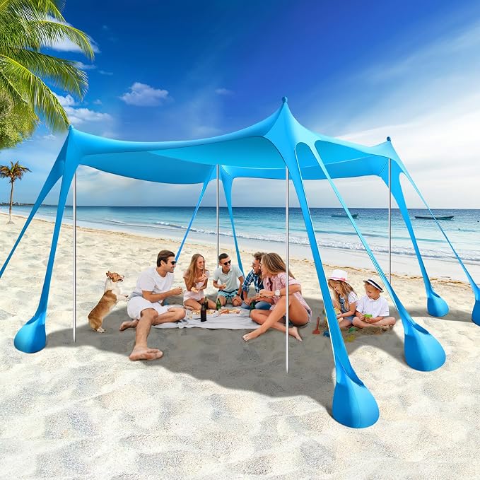 Rhino Valley Beach Tent, 10 x 10 FT Beach Shade UPF50+ Protection, Beach Canopy with 8 Sandbags 4 Stability Poles, Outdoor Beach Tent Sun Shelter Umbrella for Sand,Camping,Fishing Essentials, Sky Blue