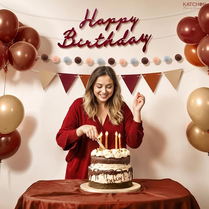 KatchOn, Burgundy Happy Birthday Banner Set – Pre Strung, 10 Ft | Triangle Flag Banner and Pom Pom Garland, Reusable | Burgundy Birthday Decorations for Women, Men | Boho Party Decorations