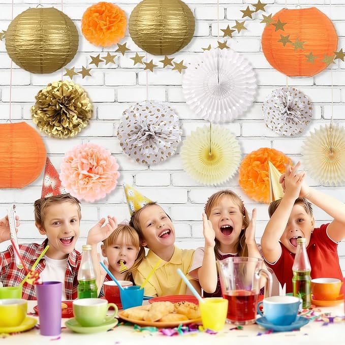 20Pcs Birthday Decorations Paper Fans Lanterns,Fall Party Decorations Pom Poms Flowers,Orange Champagne Gold Bohemian Style Party Decoration for Autumn Girls Women Baby Shower Wedding Thanksgiving