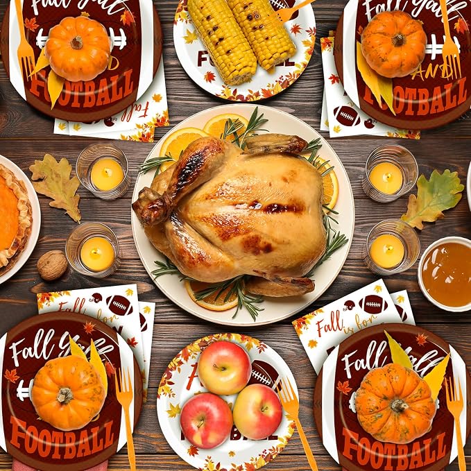96 Pcs Football Fall Party Supplies Football and Fall Y'all Tableware Plates Napkins Rustic Football Autumn Dinnerware Table Decorations Maple Leaves Thanksgiving Holiday Party Favor for 24 Guests