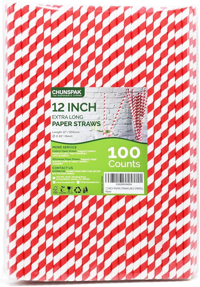 12 Inch Extra Long Large Paper Drinking Straws 8mm Wide - For Smoothies, Shakes, Tall Drinks, 40oz Tumblers - Red Stripe, 100 Count - 100% Biodegradable
