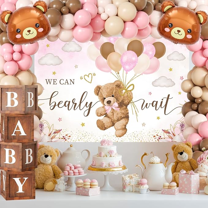 Pink Bear Baby Shower Decorations for Girl, 134pcs Bearly Wait Baby Shower Decorations with Pink Brown Balloon Arch Kit, Backdrop, Wood Grain Baby Boxes for Baby Girl Shower Decor